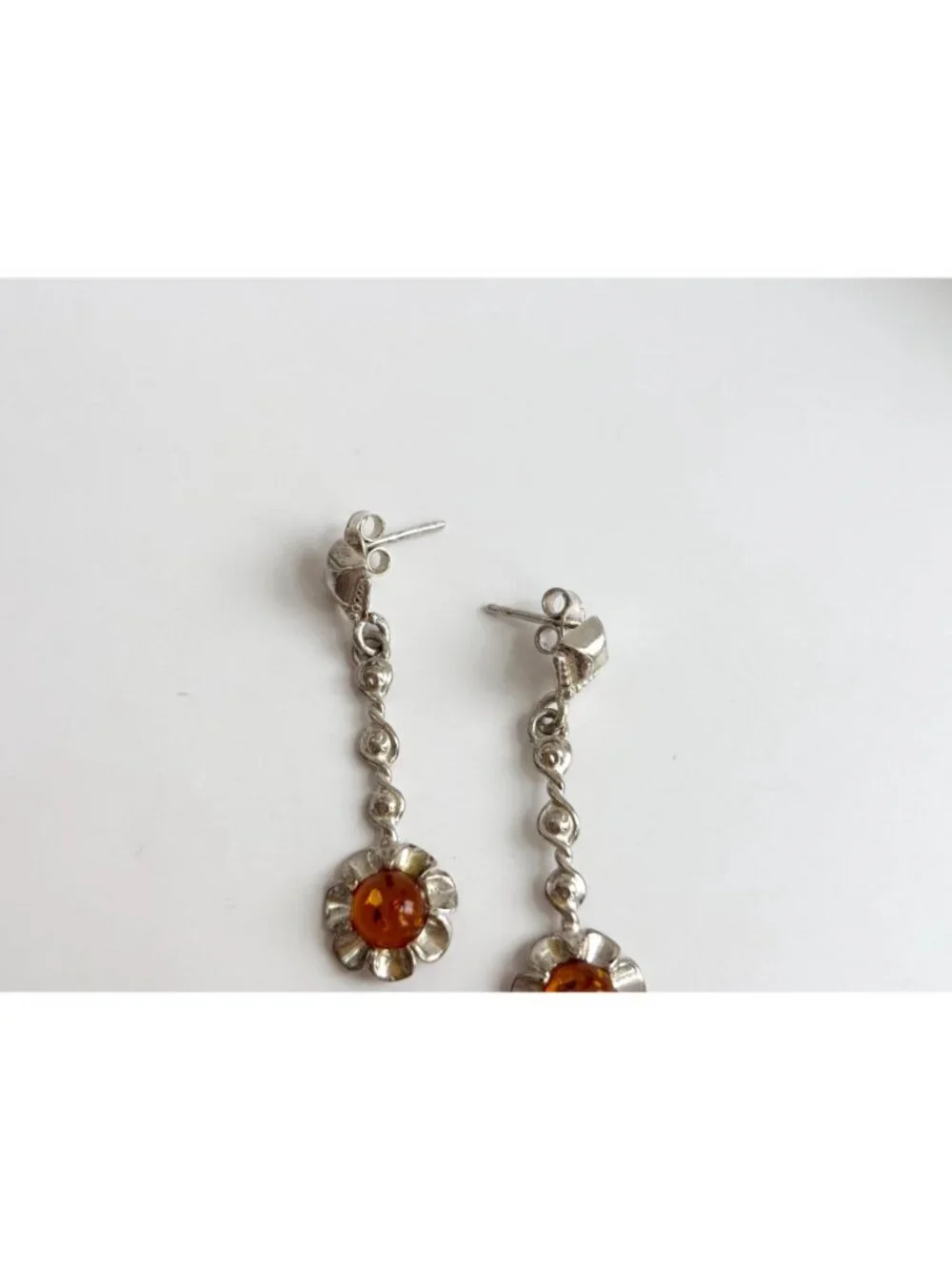 Baltic Amber Sunflower Shaped Spiral Vintage Sterling Silver 925 Dangle Earrings
